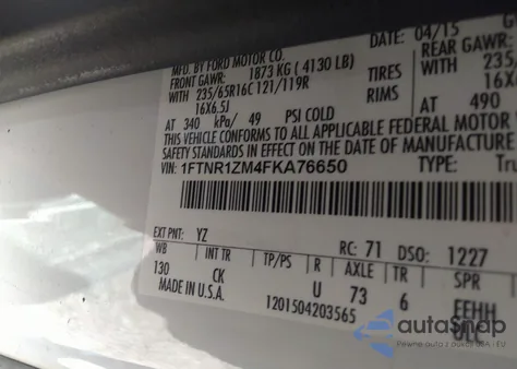 2015 Ford Transit-250 from USA, damaged, VIN 1FTNR1ZM4FKA76650